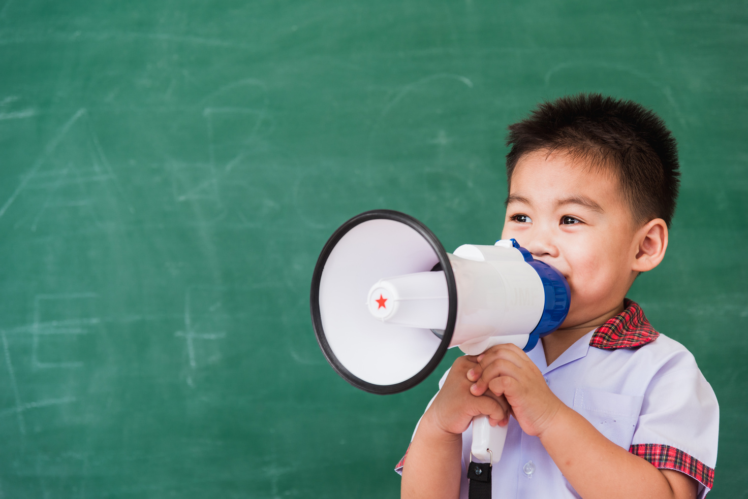 Child Boy Kindergarten Preschool in Student Uniform Speaking Thr